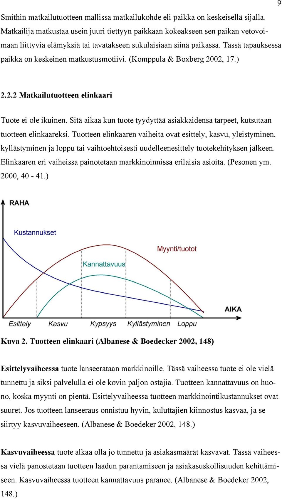 Tässä tapauksessa paikka on keskeinen matkustusmotiivi. (Komppula & Boxberg 2002, 17.) 2.2.2 Matkailutuotteen elinkaari Tuote ei ole ikuinen.