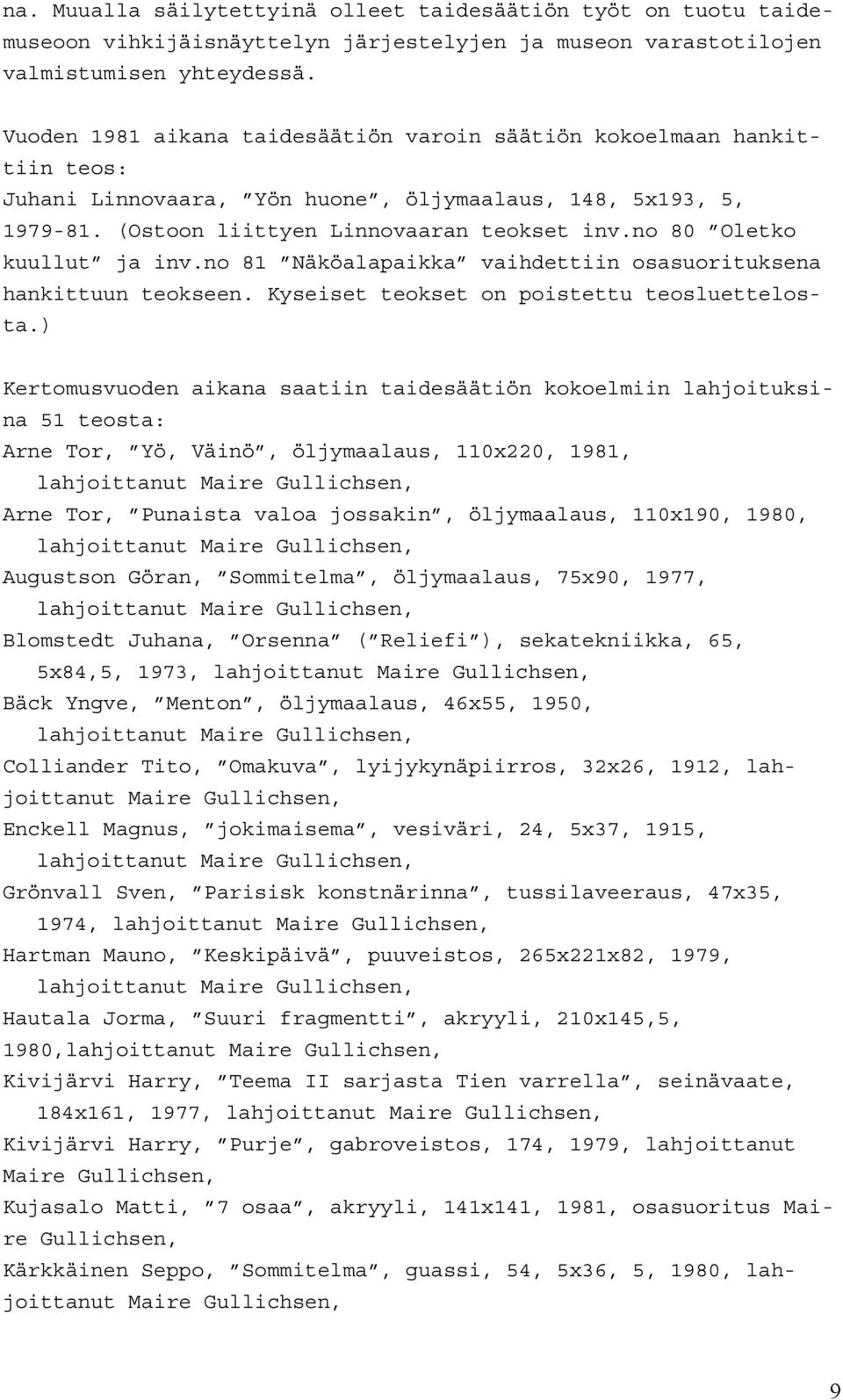 no 80 Oletko kuullut ja inv.no 81 Näköalapaikka vaihdettiin osasuorituksena hankittuun teokseen. Kyseiset teokset on poistettu teosluettelosta.