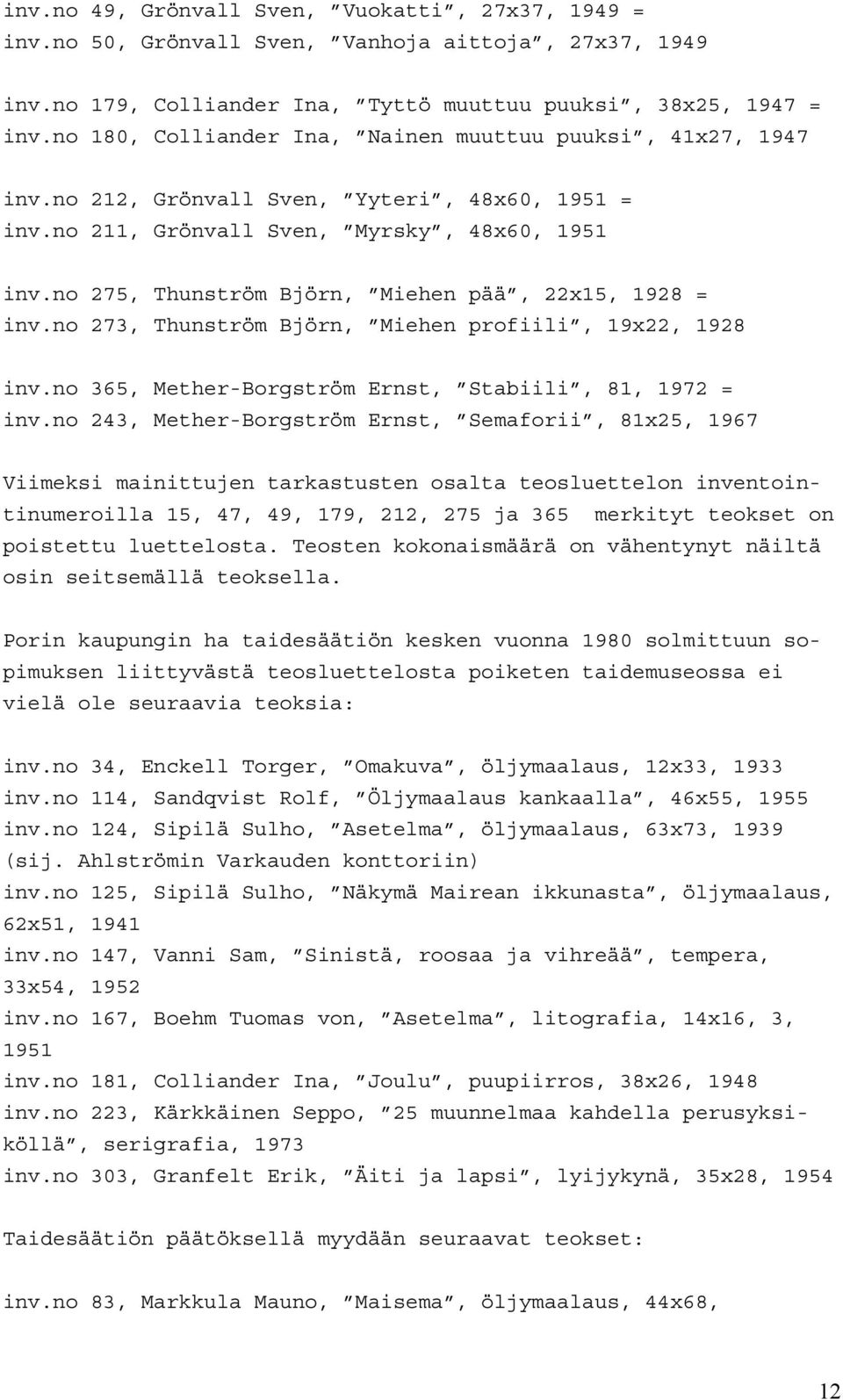 no 275, Thunström Björn, Miehen pää, 22x15, 1928 = inv.no 273, Thunström Björn, Miehen profiili, 19x22, 1928 inv.no 365, Mether-Borgström Ernst, Stabiili, 81, 1972 = inv.