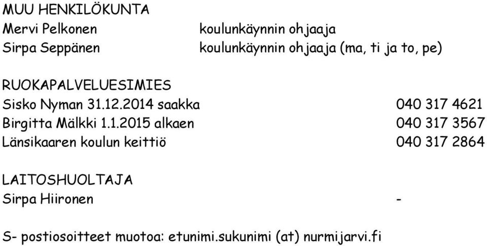 2014 saakka 040 317 4621 Birgitta Mälkki 1.1.2015 alkaen 040 317 3567 Länsikaaren