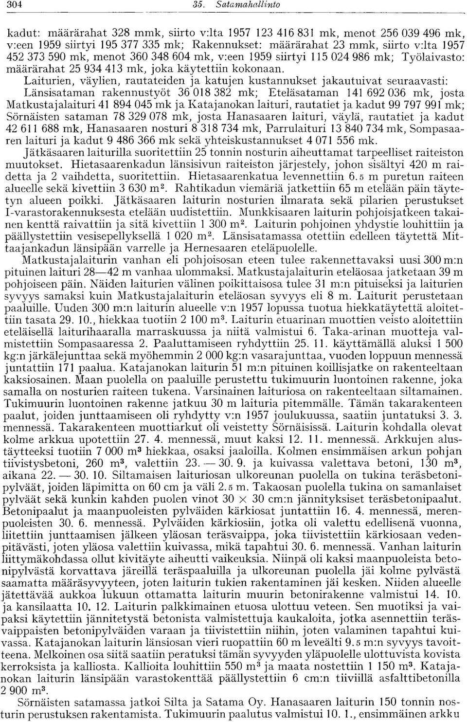 menot 360 348 604 mk, v:een 1959 siirtyi 115 024 986 mk; Työlaivasto: määrärahat 25 934 413 mk, joka käytettiin kokonaan.