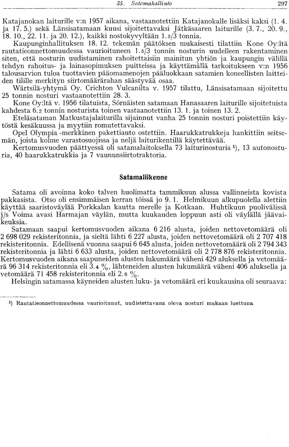 5/3 tonnin nosturin uudelleen rakentaminen siten, että nosturin uudistaminen rahoitettaisiin mainitun yhtiön ja kaupungin välillä tehdyn rahoitus- ja lainasopimuksen puitteissa ja käyttämällä