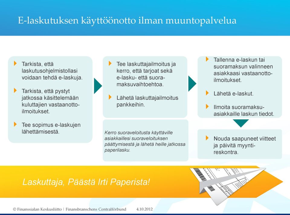 Kerro suoraveloitusta käyttäville asiakkaillesi suoraveloituksen päättymisestä ja lähetä heille jatkossa paperilasku.