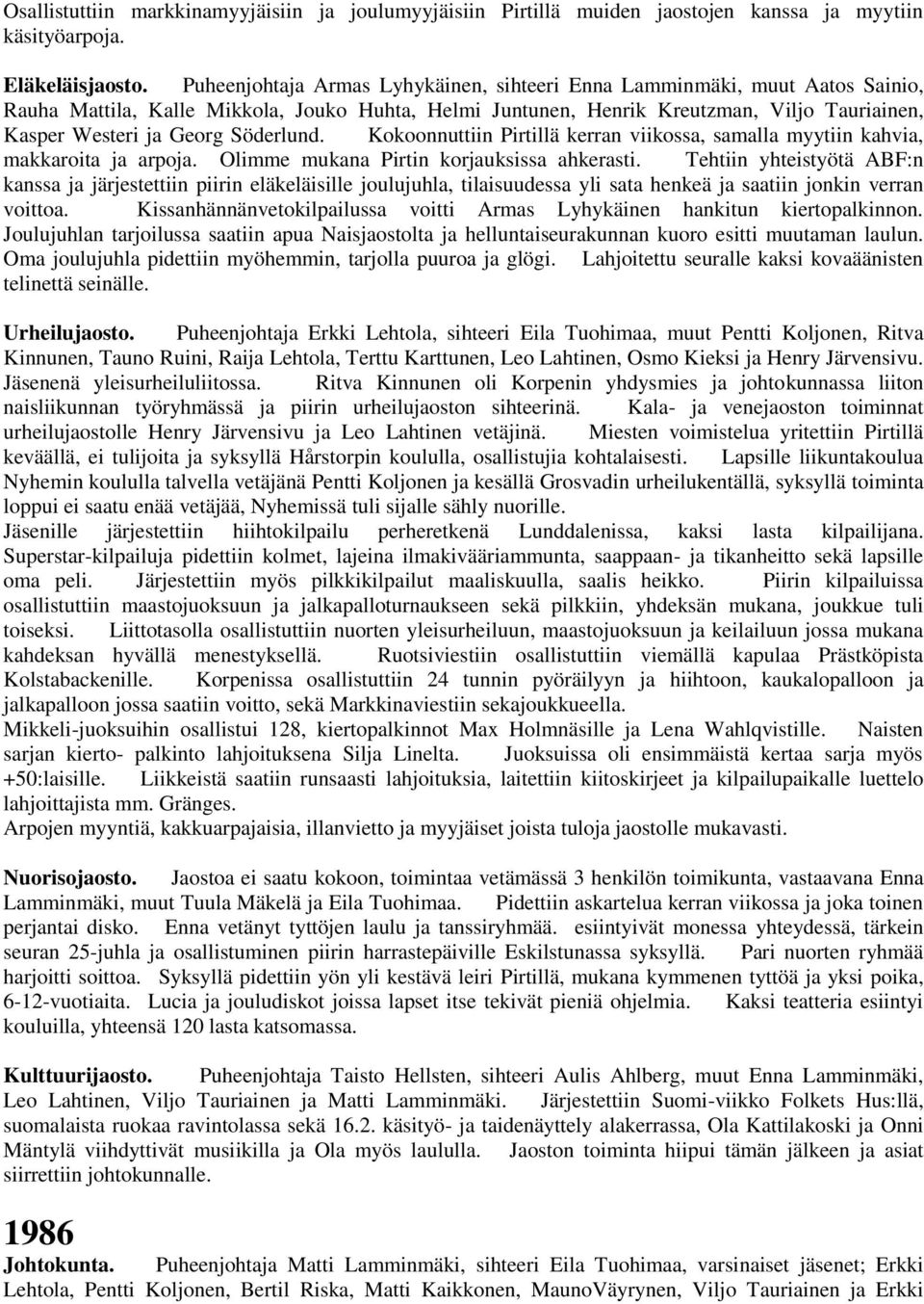 Söderlund. Kokoonnuttiin Pirtillä kerran viikossa, samalla myytiin kahvia, makkaroita ja arpoja. Olimme mukana Pirtin korjauksissa ahkerasti.