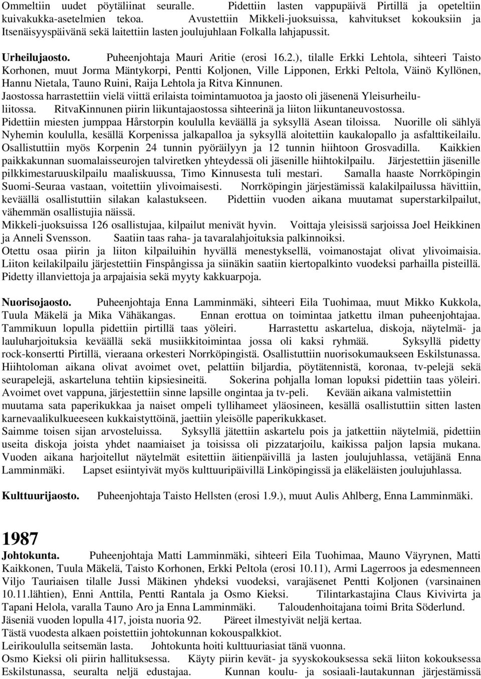 ), tilalle Erkki Lehtola, sihteeri Taisto Korhonen, muut Jorma Mäntykorpi, Pentti Koljonen, Ville Lipponen, Erkki Peltola, Väinö Kyllönen, Hannu Nietala, Tauno Ruini, Raija Lehtola ja Ritva Kinnunen.