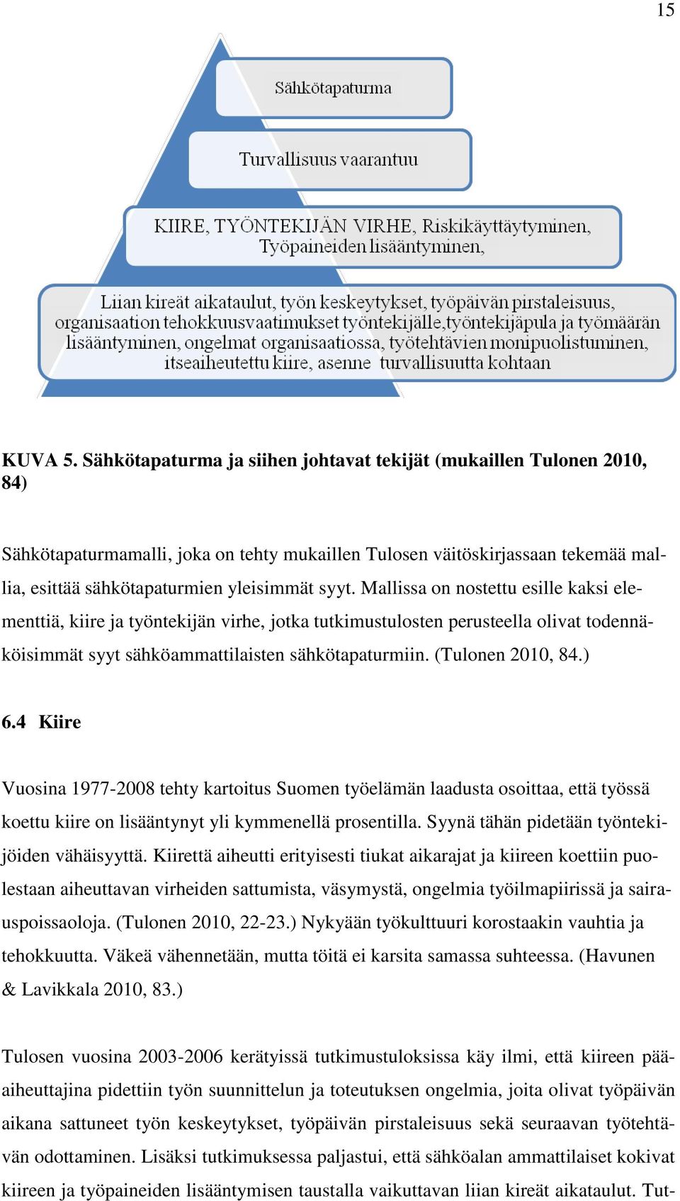 Mallissa on nostettu esille kaksi elementtiä, kiire ja työntekijän virhe, jotka tutkimustulosten perusteella olivat todennäköisimmät syyt sähköammattilaisten sähkötapaturmiin. (Tulonen 2010, 84.) 6.