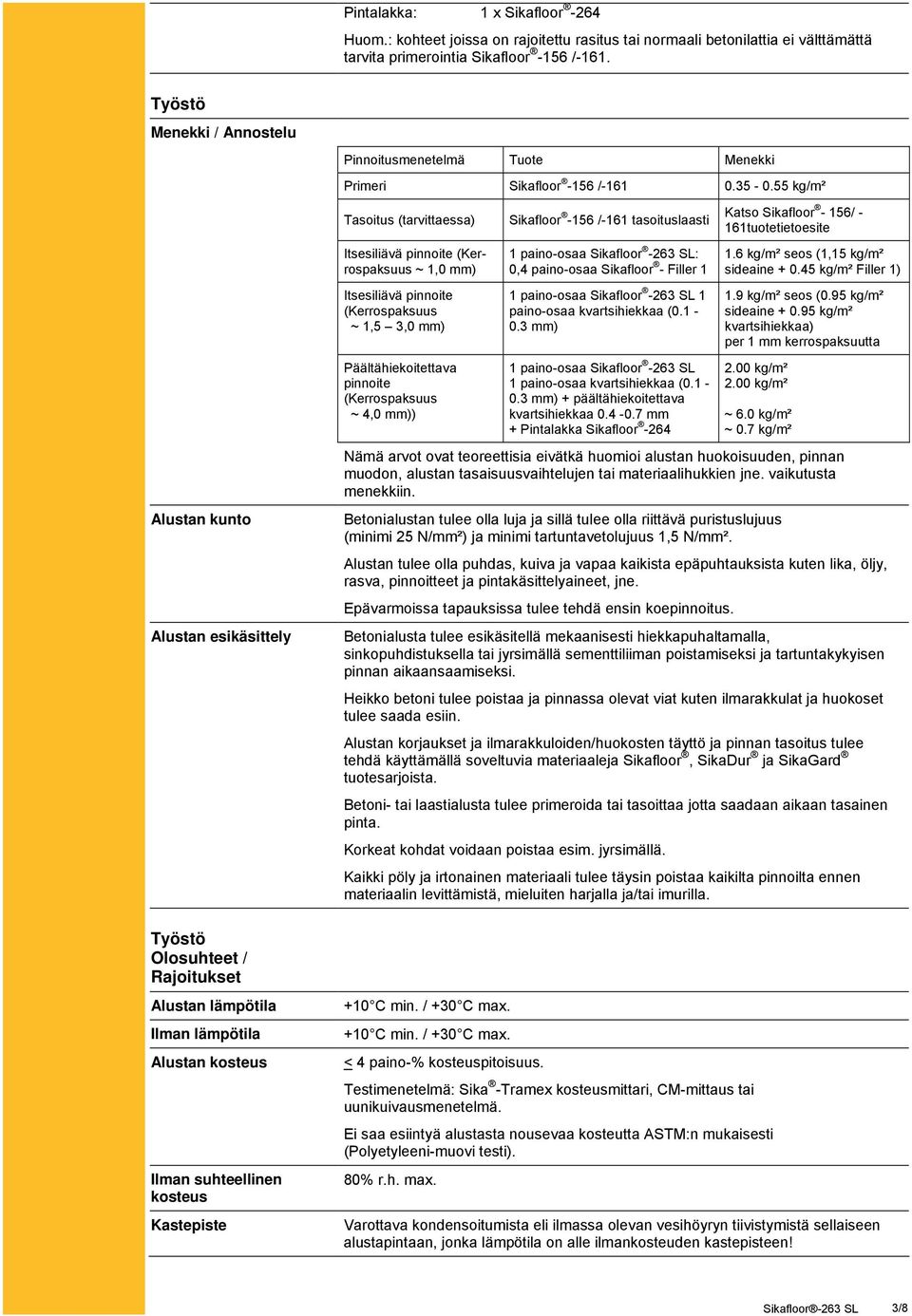 55 kg/m² Alustan kunto Alustan esikäsittely Tasoitus (tarvittaessa) Itsesiliävä pinnoite (Kerrospaksuus ~ 1,0 mm) Itsesiliävä pinnoite (Kerrospaksuus ~ 1,5 3,0 mm) Päältähiekoitettava pinnoite