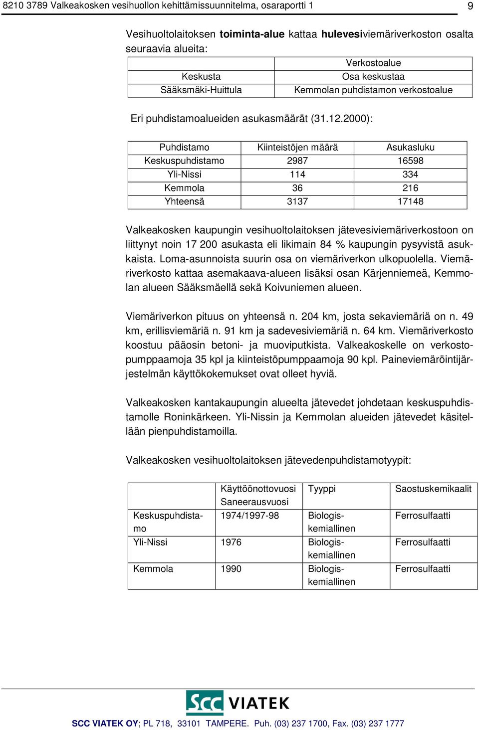 2000): Puhdistamo Kiinteistöjen määrä Asukasluku Keskuspuhdistamo 2987 16598 Yli-Nissi 114 334 Kemmola 36 216 Yhteensä 3137 17148 Valkeakosken kaupungin vesihuoltolaitoksen jätevesiviemäriverkostoon