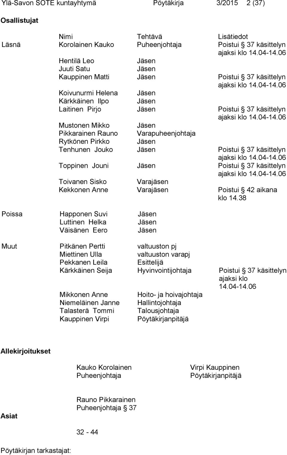 06 Koivunurmi Helena Jäsen Kärkkäinen Ilpo Jäsen Laitinen Pirjo Jäsen Poistui 37 käsittelyn ajaksi klo 14.04-14.