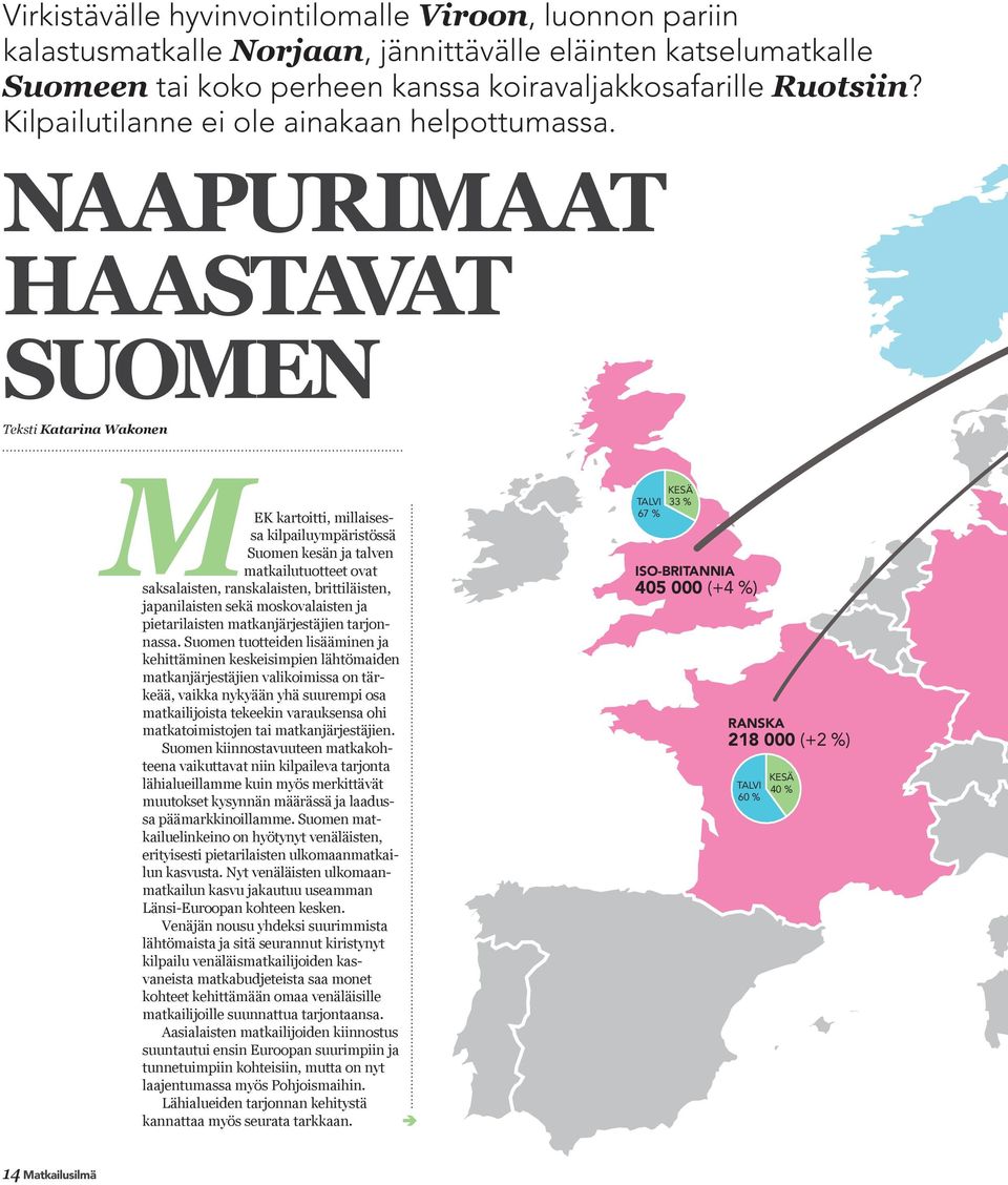 Naapurimaat haastavat Suomen Teksti Katarina Wakonen MEK kartoitti, millaisessa kilpailuympäristössä Suomen kesän ja talven matkailutuotteet ovat saksalaisten, ranskalaisten, brittiläisten,