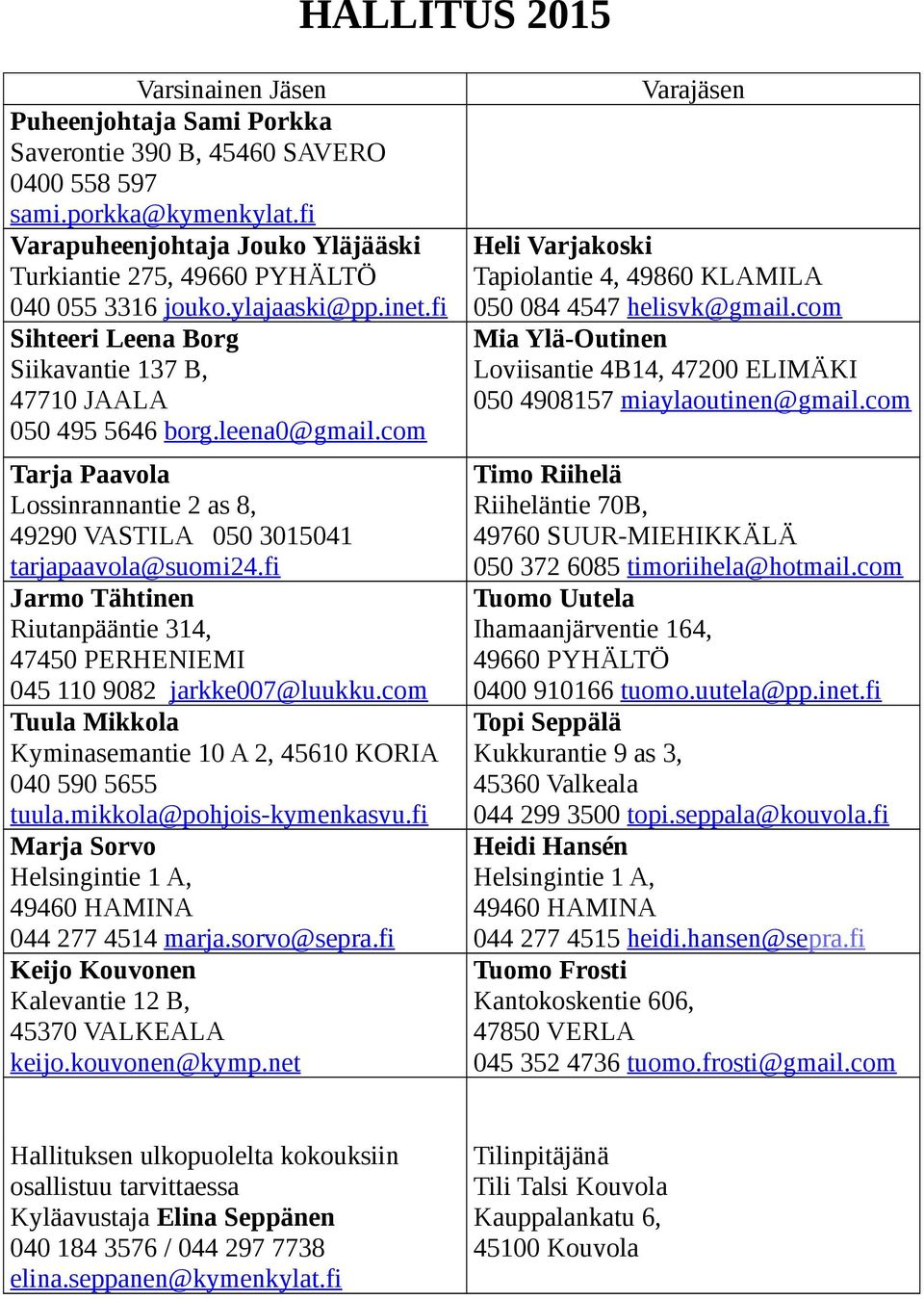 com Varajäsen Heli Varjakoski Tapiolantie 4, 49860 KLAMILA 050 084 4547 helisvk@gmail.com Mia Ylä-Outinen Loviisantie 4B14, 47200 ELIMÄKI 050 4908157 miaylaoutinen@gmail.