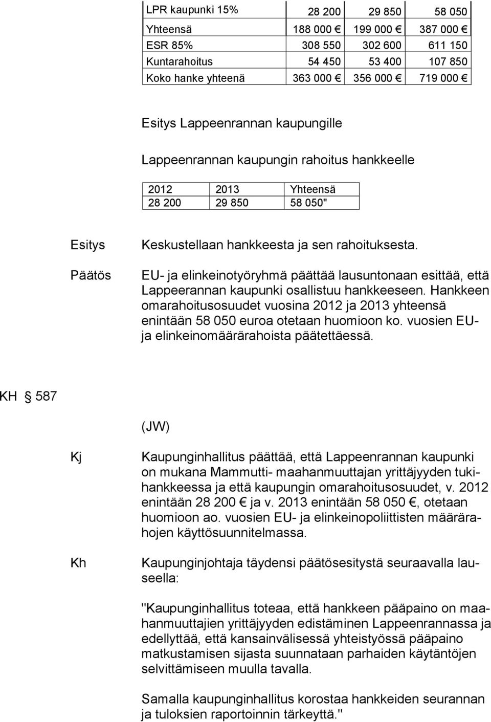EU- ja elinkeinotyöryhmä päättää lausuntonaan esittää, että Lappeerannan kaupunki osallistuu hankkeeseen.