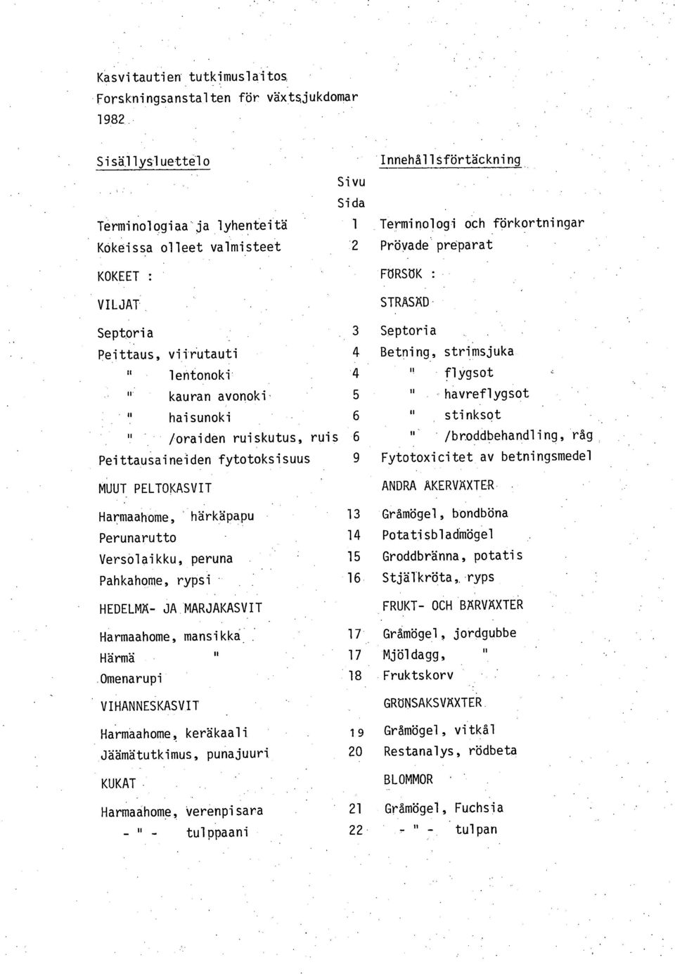 Harmaahome, härkäpapu Perunarutto Versälaikku, peruna Pahkahome, rypsi - HEDELMÄ- JA MARJAKASVIT Harmaahome, mansikka Härmä Omenarupi VIHANNESKASVIT Harmaahome, keräkaali Jäämätutkimus, punajuuri