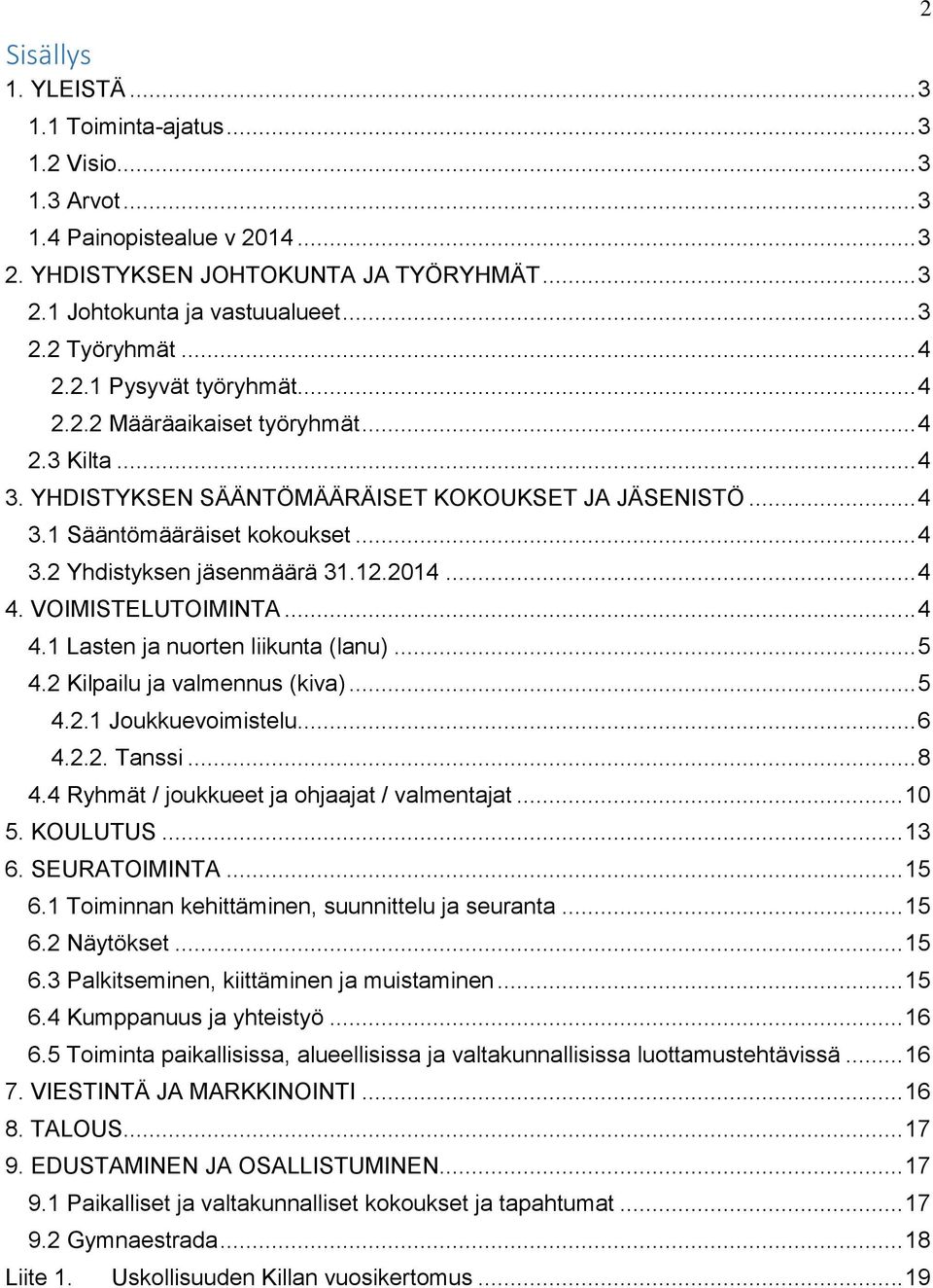 12.2014... 4 4. VOIMISTELUTOIMINTA... 4 4.1 Lasten ja nuorten liikunta (lanu)... 5 4.2 Kilpailu ja valmennus (kiva)... 5 4.2.1 Joukkuevoimistelu... 6 4.2.2. Tanssi... 8 4.