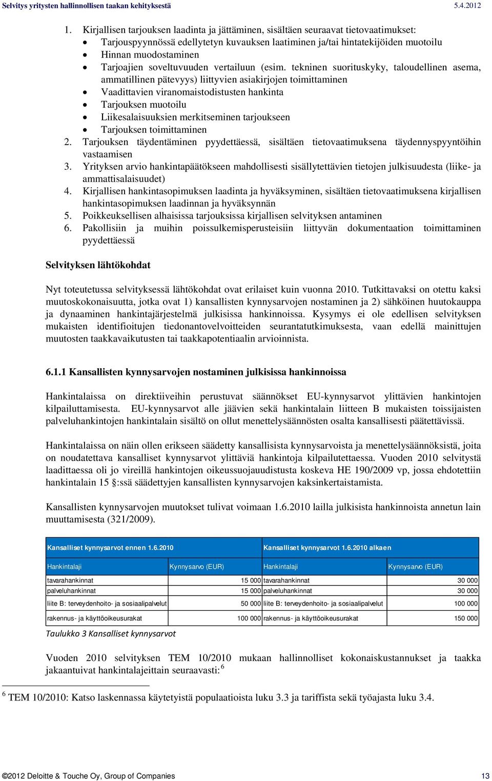 tekninen suorituskyky, taloudellinen asema, ammatillinen pätevyys) liittyvien asiakirjojen toimittaminen Vaadittavien viranomaistodistusten hankinta Tarjouksen muotoilu Liikesalaisuuksien