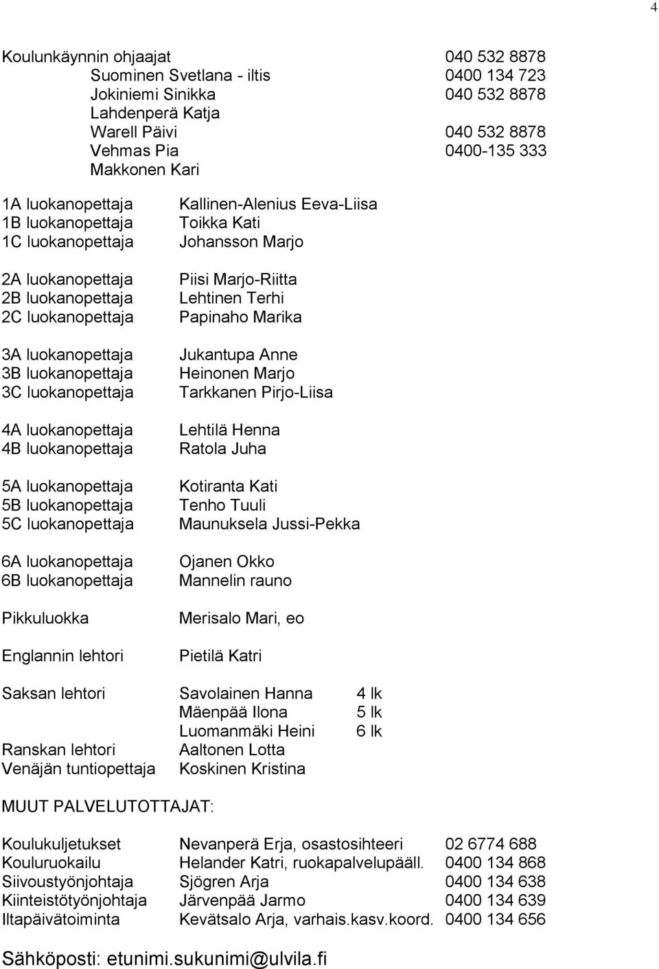 luokanopettaja 5B luokanopettaja 5C luokanopettaja 6A luokanopettaja 6B luokanopettaja Pikkuluokka Englannin lehtori Kallinen-Alenius Eeva-Liisa Toikka Kati Johansson Marjo Piisi Marjo-Riitta