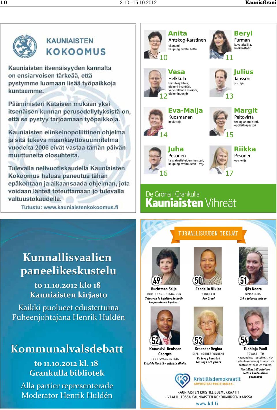 18 Grankulla bibliotek Alla partier representerade Moderator Henrik Huldén 52 Kouassivi-Benissan Georges tennisvalmentaja Erilaisia ihmisiä erilaisia aiheita 53 54 Kreander Regina dipl.