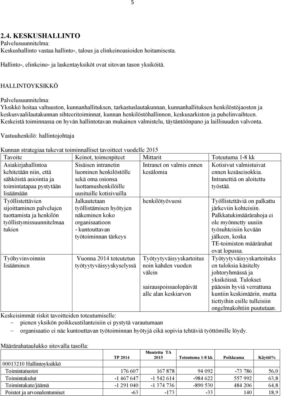 henkilöstöhallinnon, keskusarkiston ja puhelinvaihteen. Keskeistä toiminnassa on hyvän hallintotavan mukainen valmistelu, täytäntöönpano ja laillisuuden valvonta.