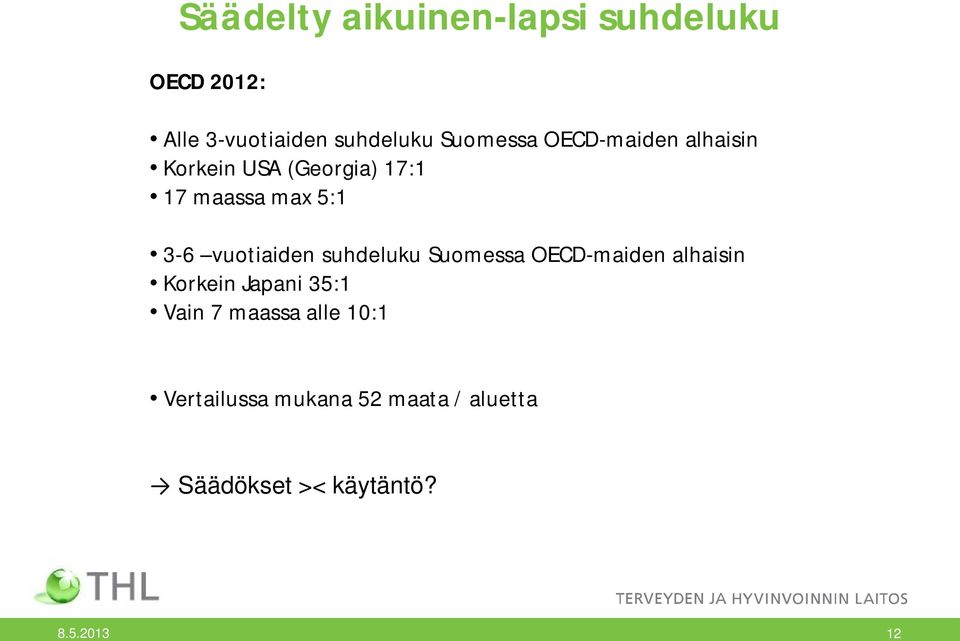 vuotiaiden suhdeluku Suomessa OECD-maiden alhaisin Korkein Japani 35:1 Vain 7