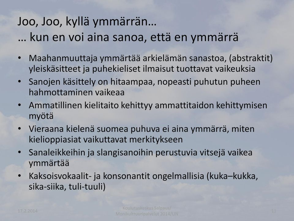 kielitaito kehittyy ammattitaidon kehittymisen myötä Vieraana kielenä suomea puhuva ei aina ymmärrä, miten kielioppiasiat vaikuttavat