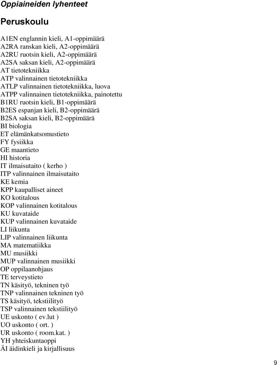 B2-oppimäärä BI biologia ET elämänkatsomustieto FY fysiikka GE maantieto HI historia IT ilmaisutaito ( kerho ) ITP valinnainen ilmaisutaito KE kemia KPP kaupalliset aineet KO kotitalous KOP