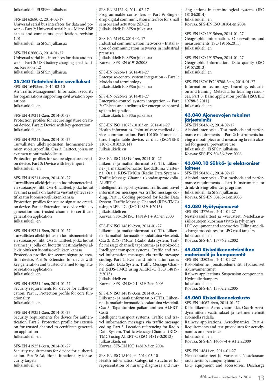 240 Tietotekniikan sovellukset SFS-EN 16495:en, 2014-03-10 Air Traffic Management.