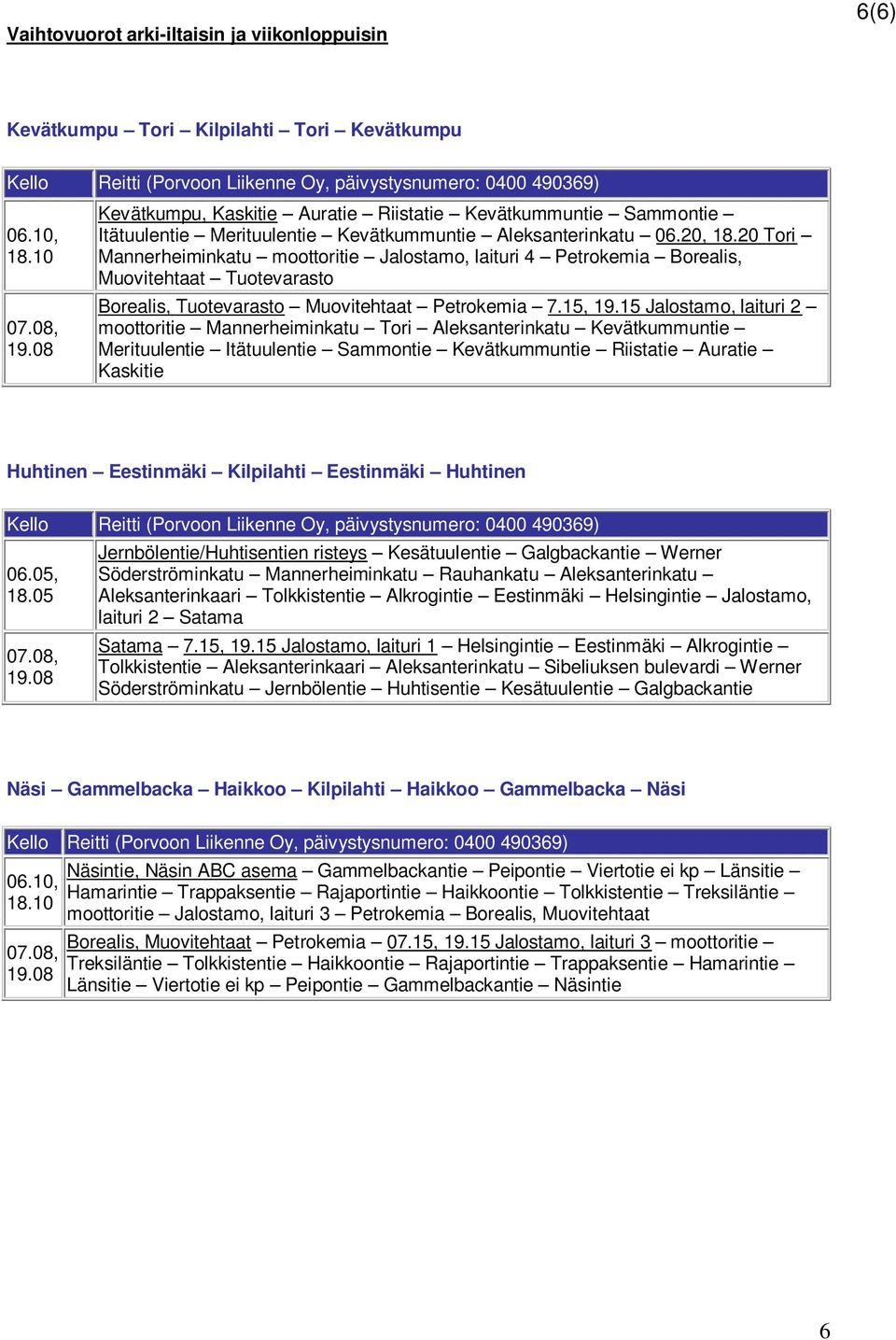 20 Tori Mannerheiminkatu moottoritie Jalostamo, laituri 4 Petrokemia Borealis, Muovitehtaat Tuotevarasto Borealis, Tuotevarasto Muovitehtaat Petrokemia 7.15, 19.