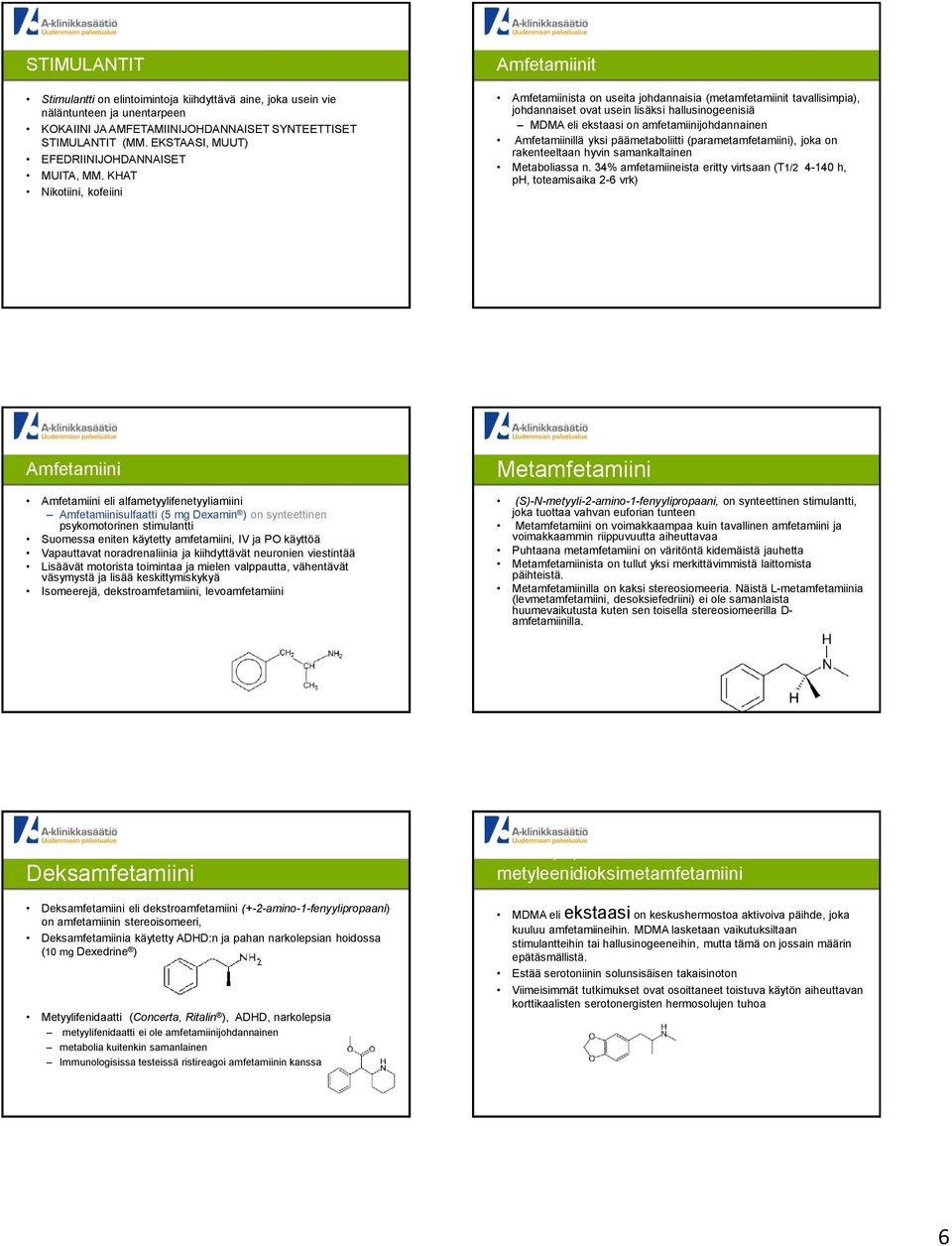 KHAT Nikotiini, kofeiini Amfetamiinit Amfetamiinista on useita johdannaisia (metamfetamiinit tavallisimpia), johdannaiset ovat usein lisäksi hallusinogeenisiä MDMA eli ekstaasi on
