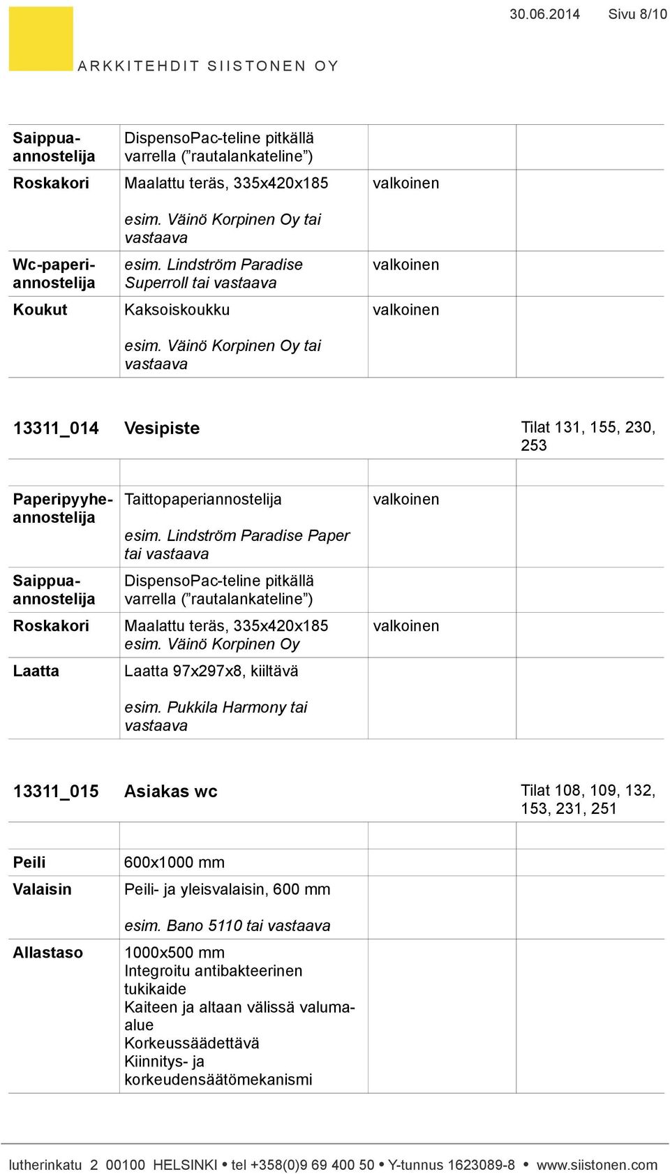 Väinö Korpinen Oy tai 13311_014 Vesipiste Tilat 131, 155, 230, 253 Saippuaannostelija Wc-paperiannostelija Saippuaannostelija Roskakori Laatta esim.