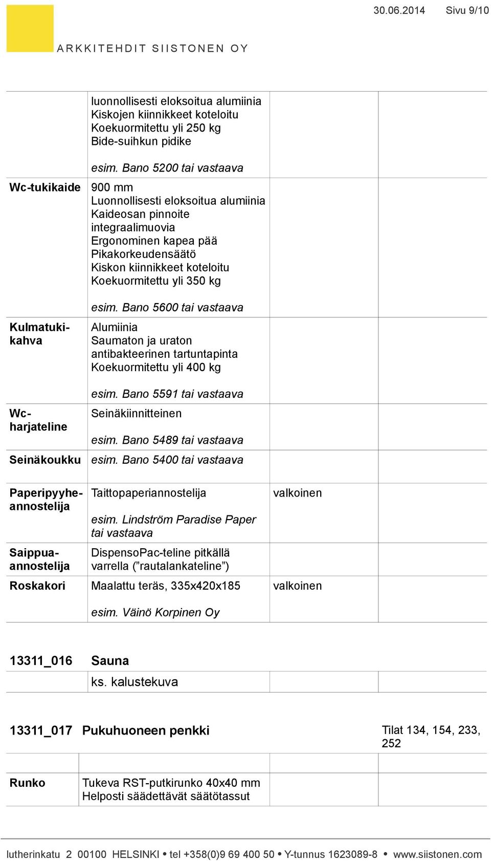 Bano 5600 tai Alumiinia Saumaton ja uraton antibakteerinen tartuntapinta Koekuormitettu yli 400 kg esim. Bano 5591 tai Seinäkiinnitteinen esim. Bano 5489 tai esim.