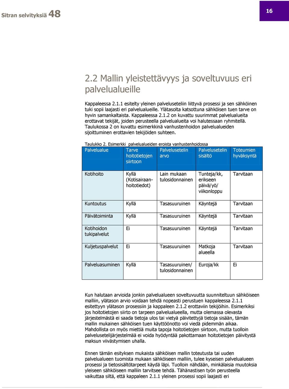 Taulukossa 2 on kuvattu esimerkkinä vanhustenhoidon palvelualueiden sijoittuminen erottavien tekijöiden suhteen. Taulukko 2.