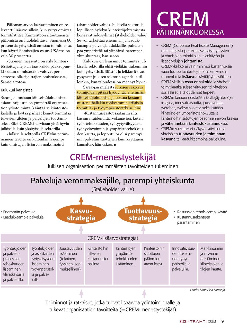 »suomen maaseutu on riski kiinteistösijoittajalle, kun taas kaikki pääkaupunkiseudun toimistotalot voisivat periaatteessa olla sijoittajien omistuksessa», Sarasoja toteaa.