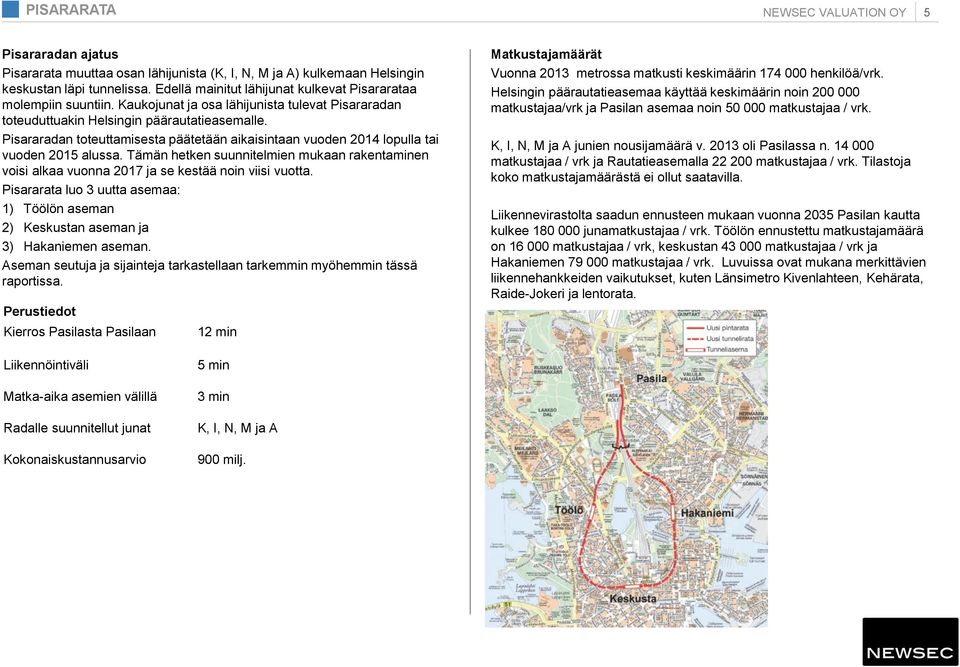 Tämän hetken suunnitelmien mukaan rakentaminen voisi alkaa vuonna 2017 ja se kestää noin viisi vuotta. Pisararata luo 3 uutta asemaa: 1) Töölön aseman 2) Keskustan aseman ja 3) Hakaniemen aseman.