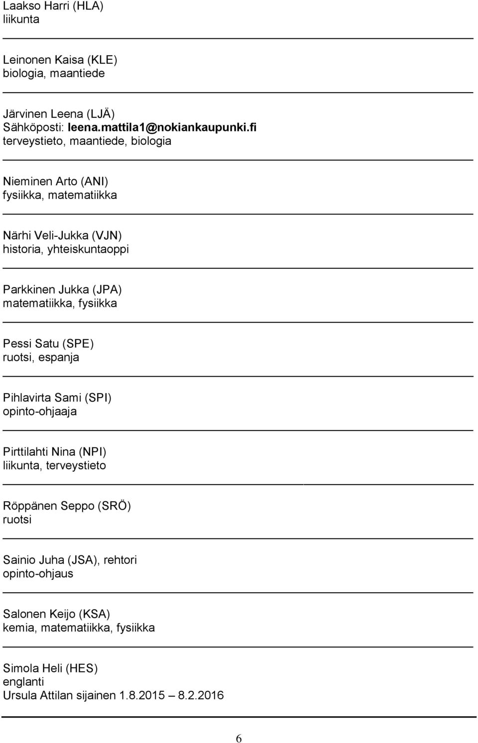 matematiikka, fysiikka Pessi Satu (SPE) ruotsi, espanja Pihlavirta Sami (SPI) opinto-ohjaaja Pirttilahti Nina (NPI) liikunta, terveystieto Röppänen