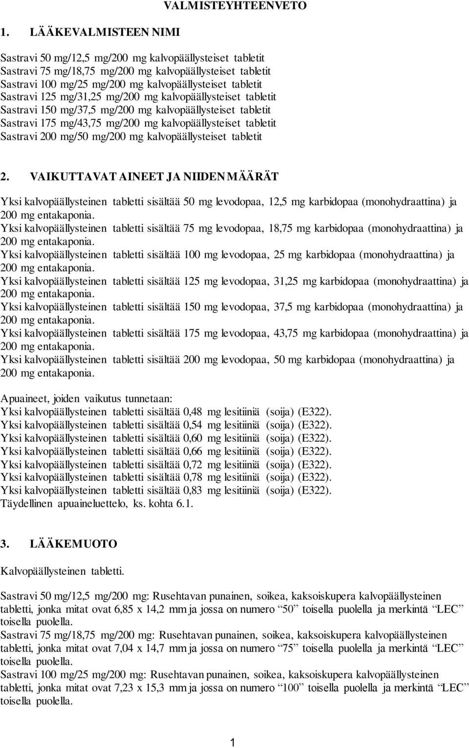 tabletit Sastravi 200 mg/50 mg/200 mg kalvopäällysteiset tabletit 2.