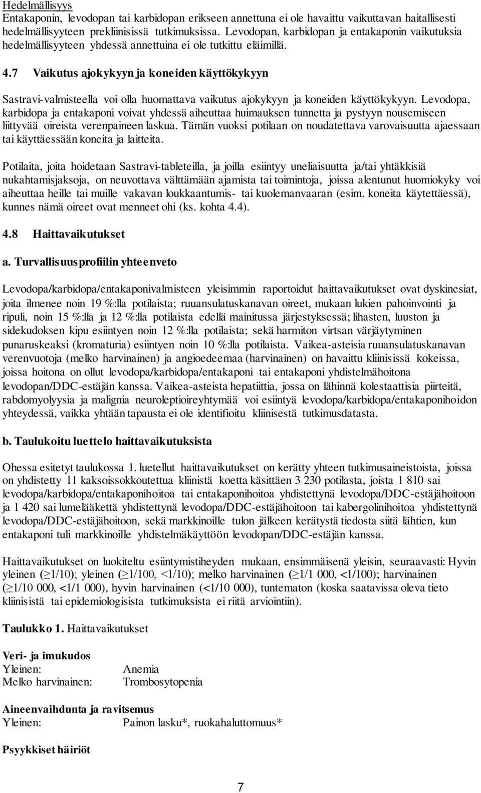 7 Vaikutus ajokykyyn ja koneiden käyttökykyyn Sastravi-valmisteella voi olla huomattava vaikutus ajokykyyn ja koneiden käyttökykyyn.