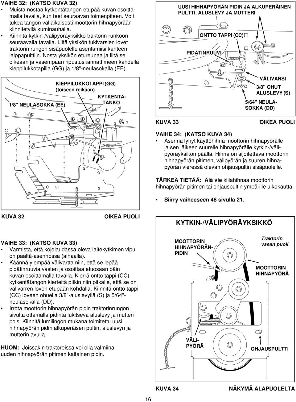 Liitä yksikön tukivarsien lovet traktorin rungon sisäpuolelle asentamiisi kahteen laippapulttiin.