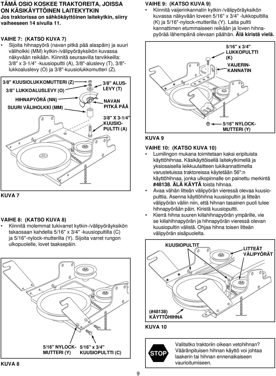 Kiinnitä seuraavilla tarvikkeilla: 3/8" x 3-1/4" -kuusiopultti (A), 3/8"-aluslevy (T), 3/8"- lukkoaluslevy (O) ja 3/8"-kuusiolukkomutteri (Z).