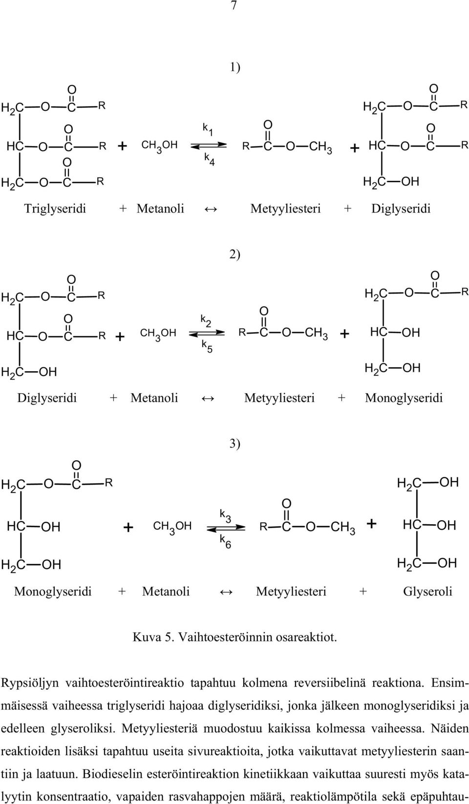 C OH Monoglyseridi + Metanoli Metyyliesteri + Glyseroli Kuva 5. Vaihtoesteröinnin osareaktiot. Rypsiöljyn vaihtoesteröintireaktio tapahtuu kolmena reversiibelinä reaktiona.