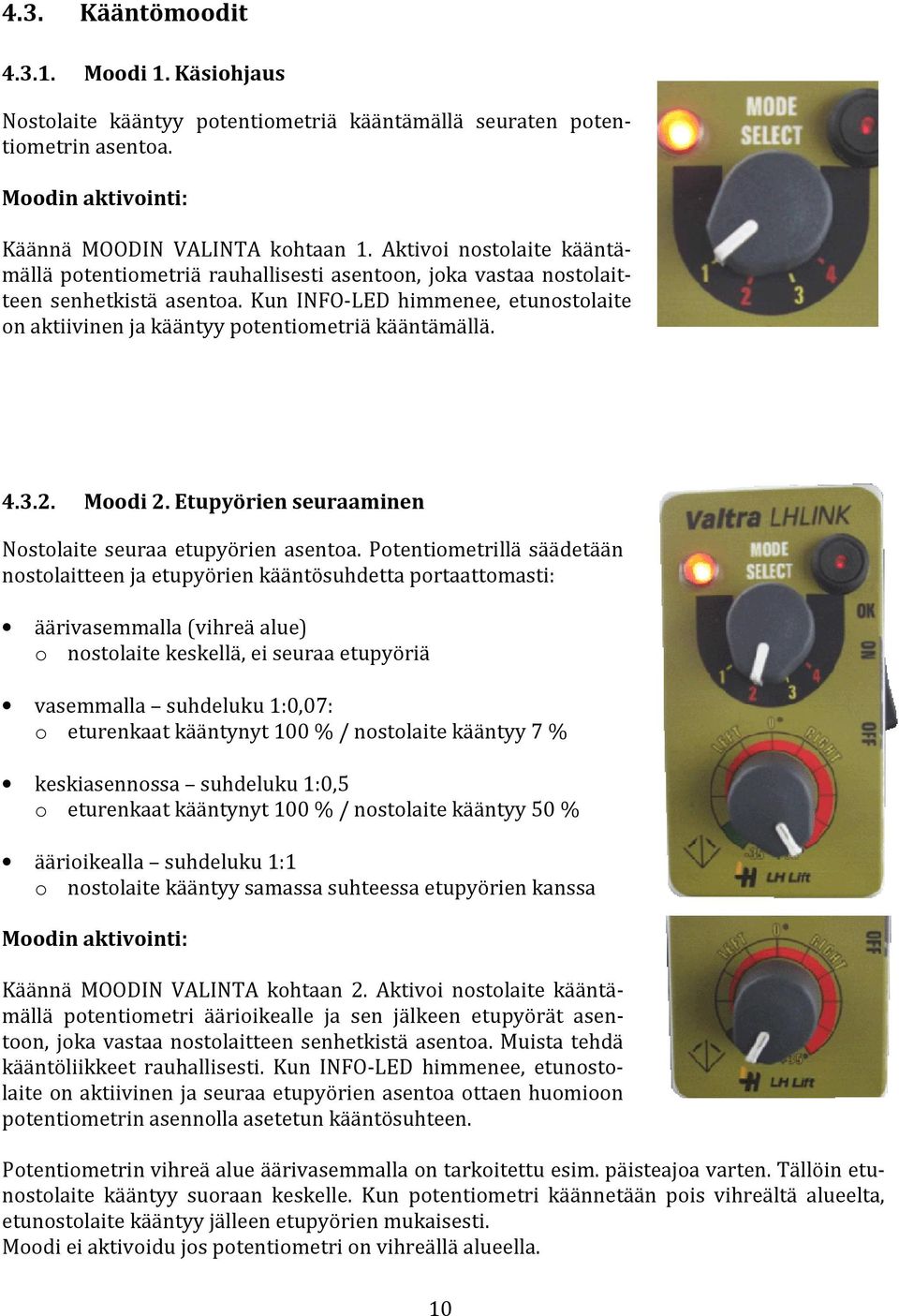 Kun INFO-LED himmenee, etunostolaite on aktiivinen ja kääntyy potentiometriä kääntämällä. 4.3.2. Moodi 2. Etupyörien seuraaminen Nostolaite seuraa etupyörien asentoa.