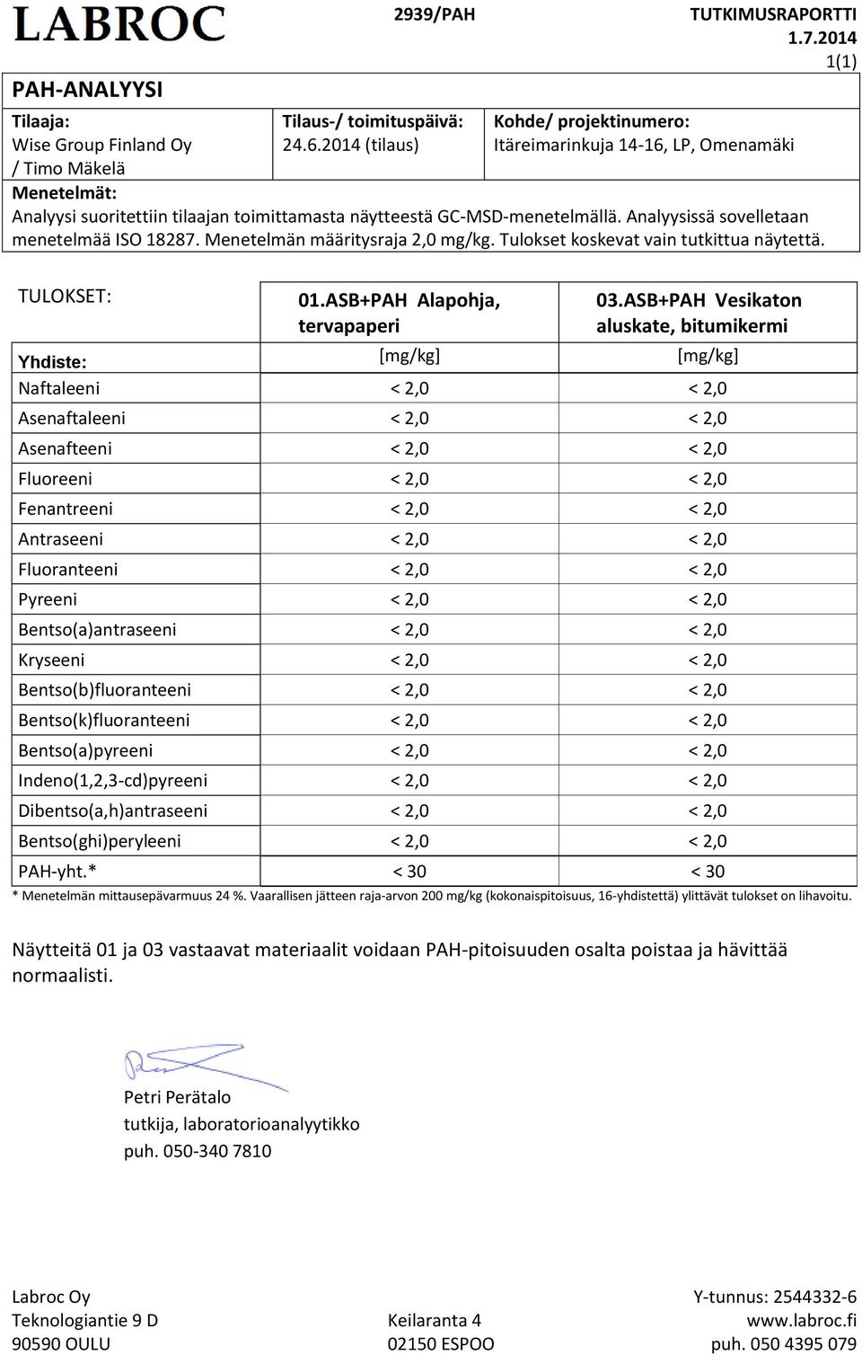 Menetelmän määritysraja 2,0 mg/kg. Tulokset koskevat vain tutkittua näytettä. TULOKSET: 01.ASB+PAH Alapohja, tervapaperi 03.