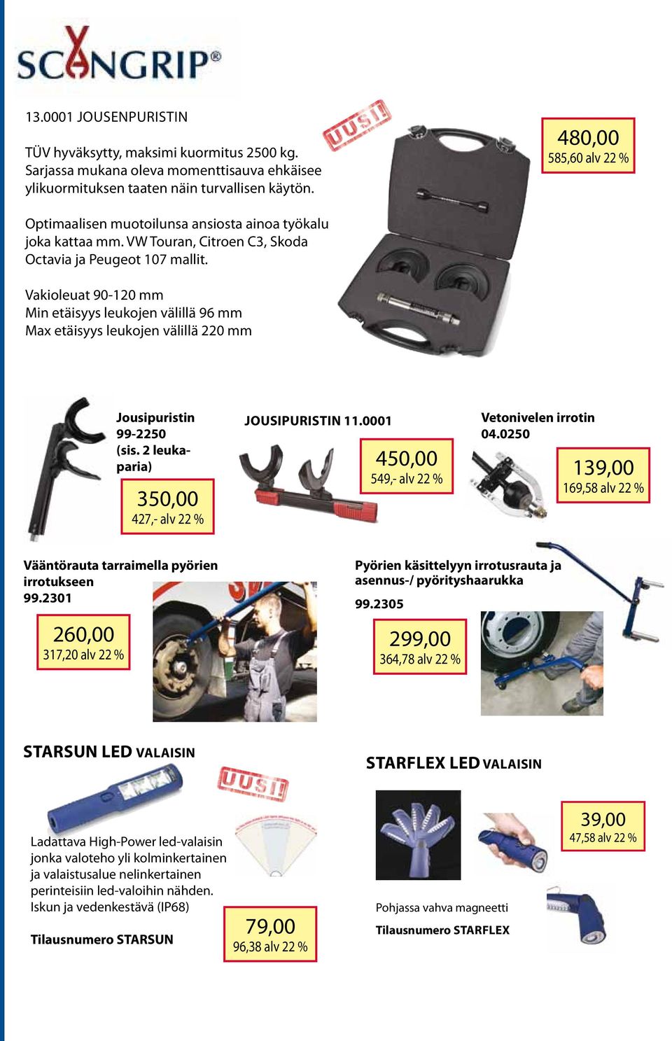 Vakioleuat 90-120 mm Min etäisyys leukojen välillä 96 mm Max etäisyys leukojen välillä 220 mm Jousipuristin 99-2250 (sis. 2 leukaparia) 350,00 427,- alv 22 % Jousipuristin 11.