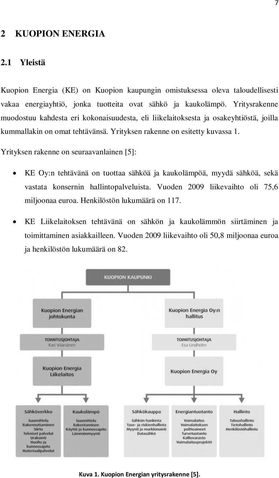 Yrityksen rakenne on seuraavanlainen [5]: KE Oy:n tehtävänä on tuottaa sähköä ja kaukolämpöä, myydä sähköä, sekä vastata konsernin hallintopalveluista.