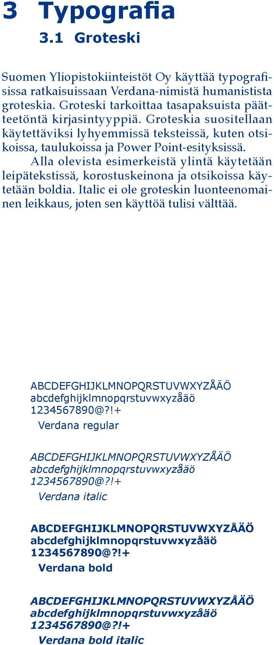 Alla olevista esimerkeistä ylintä käytetään leipätekstissä, korostuskeinona ja otsikoissa käytetään boldia. Italic ei ole groteskin luonteenomainen leikkaus, joten sen käyttöä tulisi välttää.