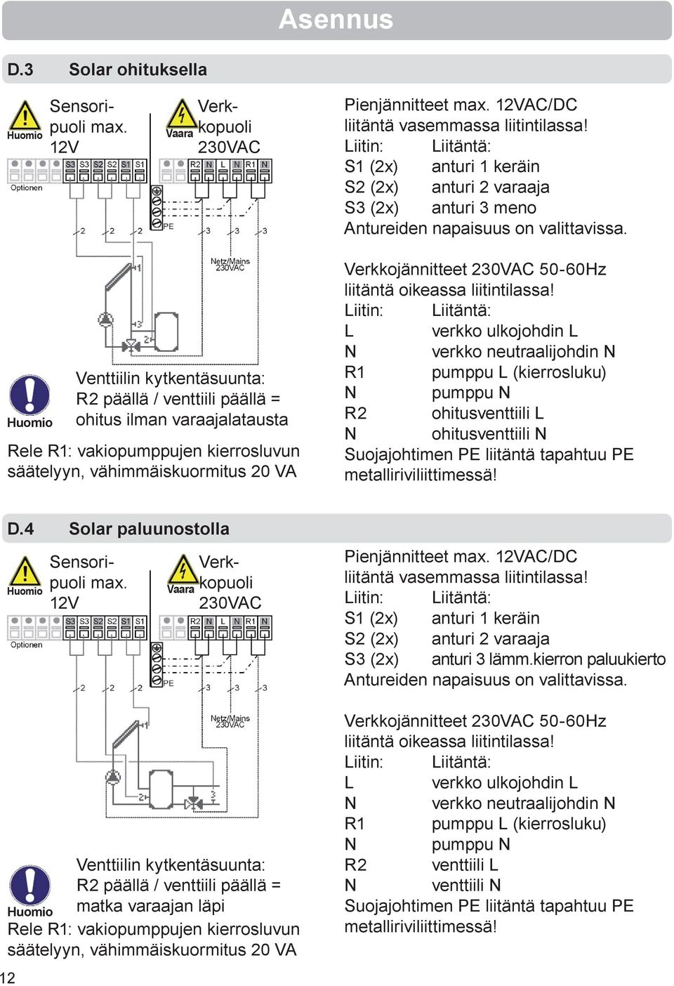 Venttiilin kytkentäsuunta: R2 päällä / venttiili päällä = ohitus ilman varaajalatausta Rele R1: vakiopumppujen kierrosluvun säätelyyn, vähimmäiskuormitus 20 VA Verkkojännitteet 230VAC 50-60Hz