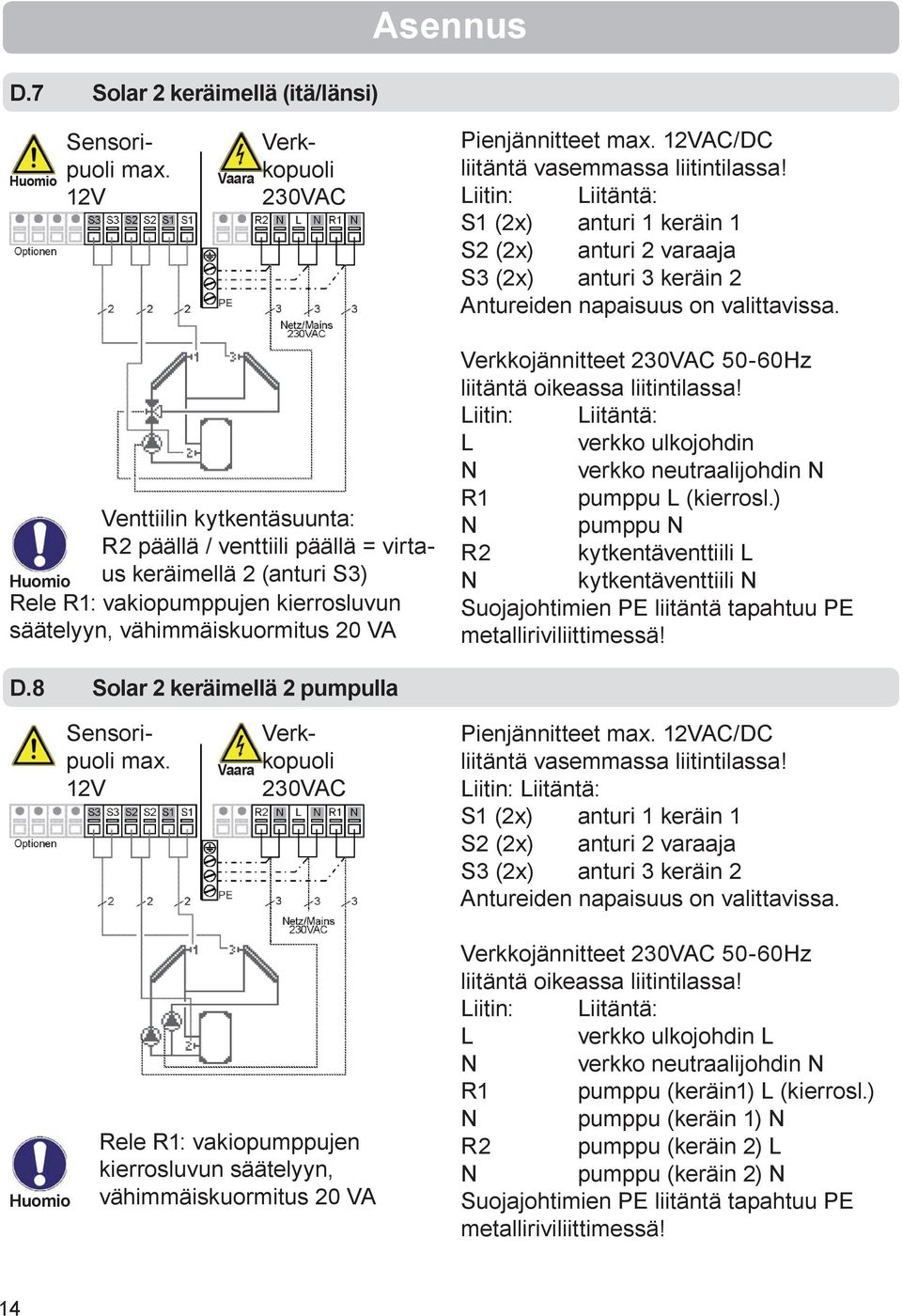 Venttiilin kytkentäsuunta: R2 päällä / venttiili päällä = virtaus keräimellä 2 (anturi ) Rele R1: vakiopumppujen kierrosluvun säätelyyn, vähimmäiskuormitus 20 VA Verkkojännitteet 230VAC 50-60Hz