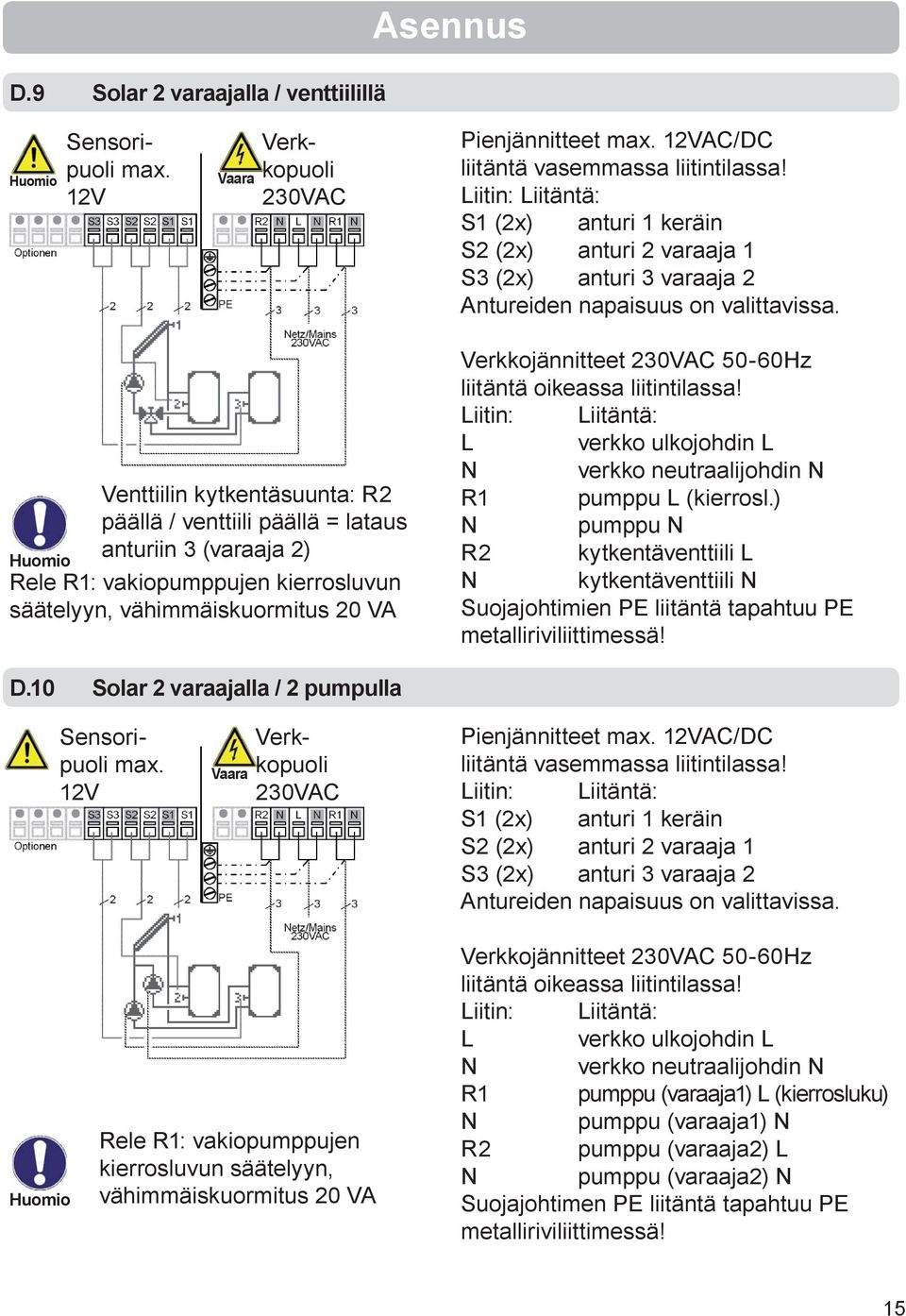 Venttiilin kytkentäsuunta: R2 päällä / venttiili päällä = lataus anturiin 3 (varaaja 2) Rele R1: vakiopumppujen kierrosluvun säätelyyn, vähimmäiskuormitus 20 VA Verkkojännitteet 230VAC 50-60Hz