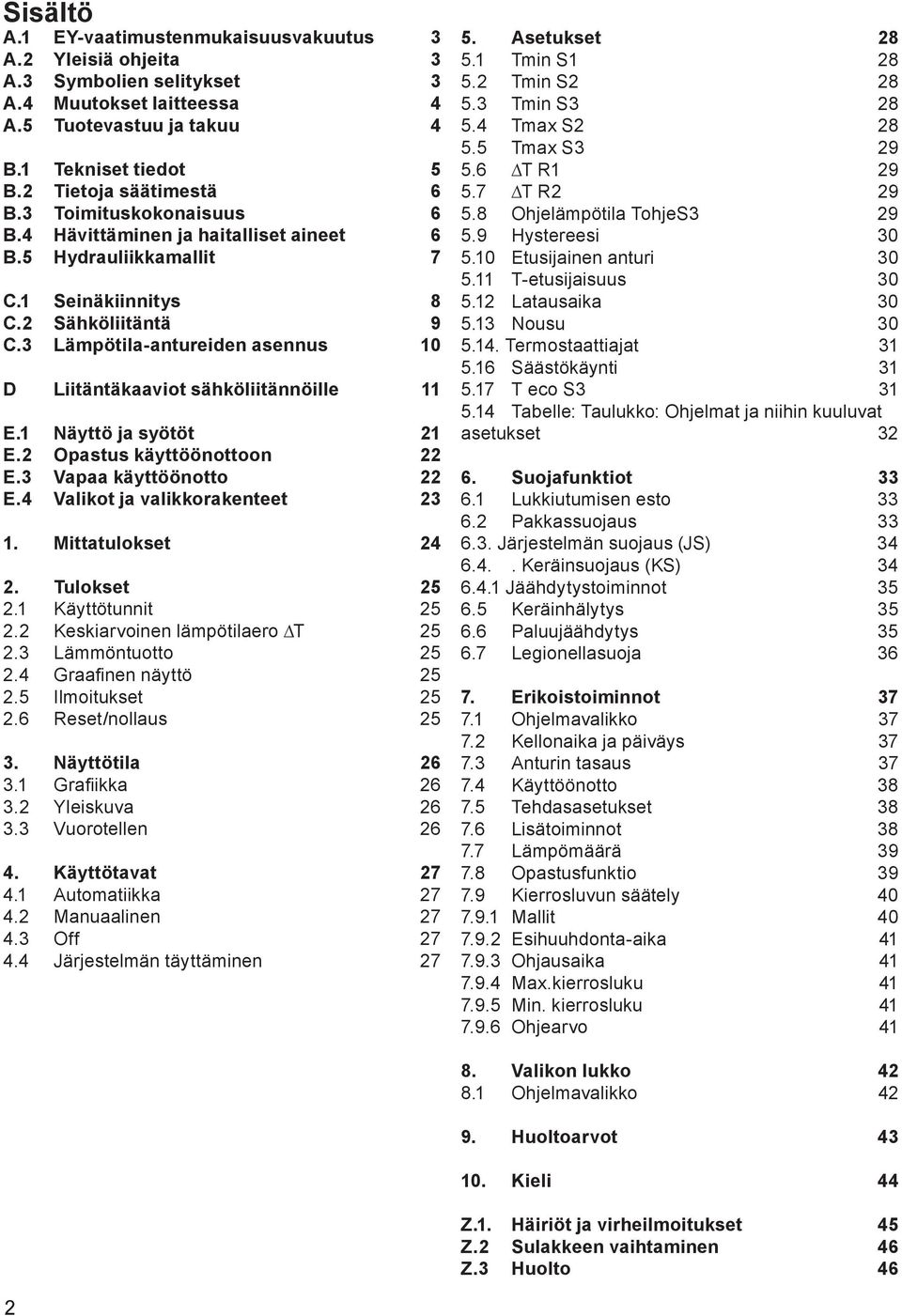 3 Lämpötila-antureiden asennus 10 D Liitäntäkaaviot sähköliitännöille 11 E.1 Näyttö ja syötöt 21 E.2 Opastus käyttöönottoon 22 E.3 Vapaa käyttöönotto 22 E.4 Valikot ja valikkorakenteet 23 1.