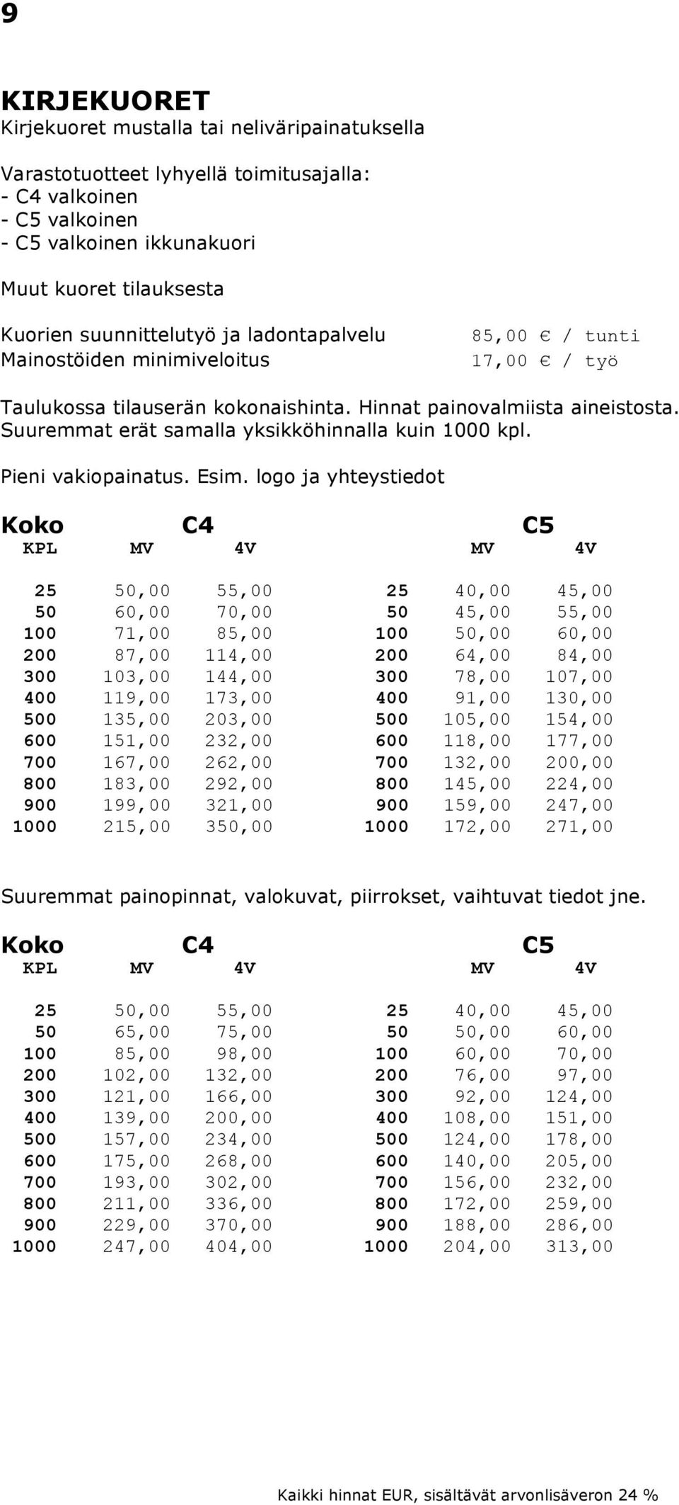 Suuremmat erät samalla yksikköhinnalla kuin 1000 kpl. Pieni vakiopainatus. Esim.