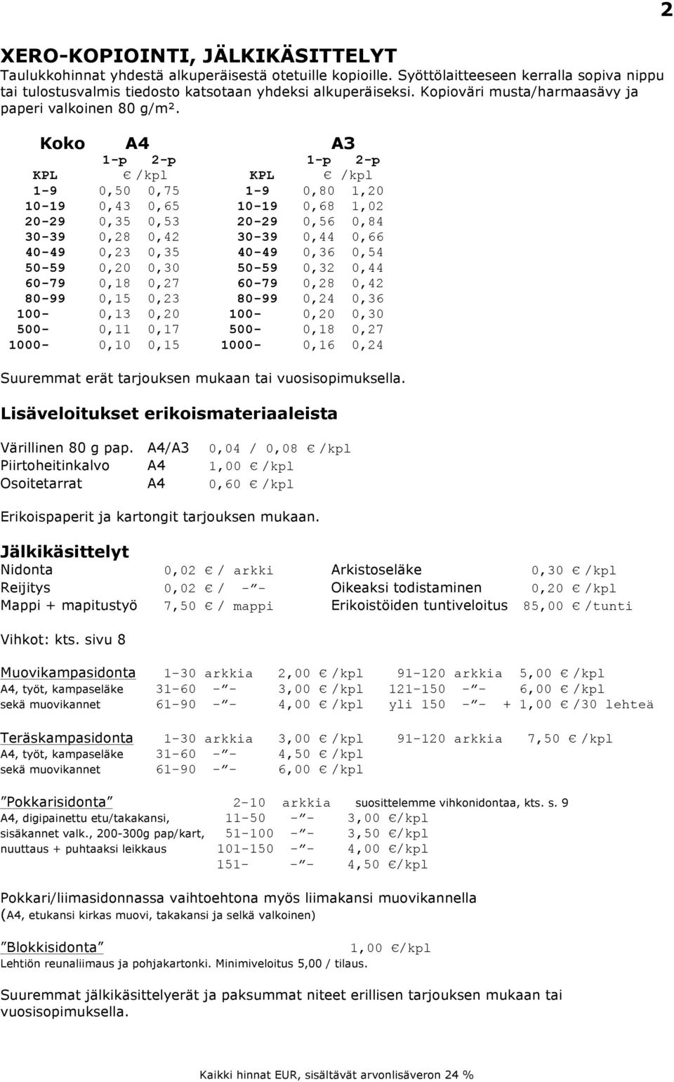 Koko A4 A3 1-p 2-p 1-p 2-p KPL /kpl KPL /kpl 1-9 0,50 0,75 1-9 0,80 1,20 10-19 0,43 0,65 10-19 0,68 1,02 20-29 0,35 0,53 20-29 0,56 0,84 30-39 0,28 0,42 30-39 0,44 0,66 40-49 0,23 0,35 40-49 0,36